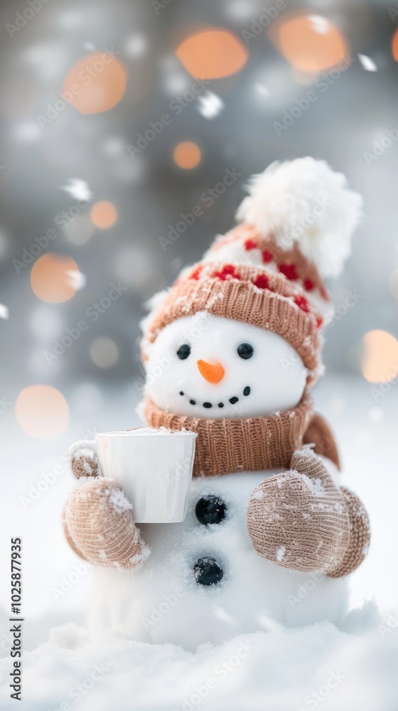 A cheerful snowman in a cozy scarf and hat holds a cup, surrounded by a soft snowy landscape and sparkling winter lights. A cheerful snowman in a cozy scarf and hat holds a cup, surrounded by a soft snowy landscape and sparkling winter lights.