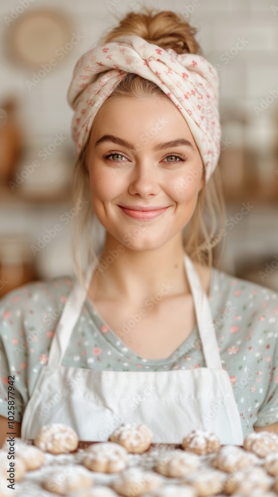 A cheerful young woman in a kitchen, wearing a floral headband and apron, proudly presents a tray of freshly baked treats. A cheerful young woman in a kitchen, wearing a floral headband and apron, proudly presents a tray of freshly baked treats.