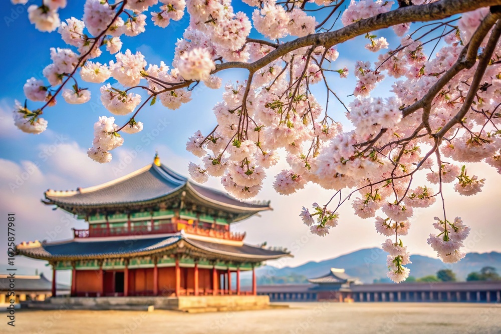 Close-up view of Gyeongbokgung Palace in spring with cherry blossom Close-up view of Gyeongbokgung Palace in spring with cherry blossom