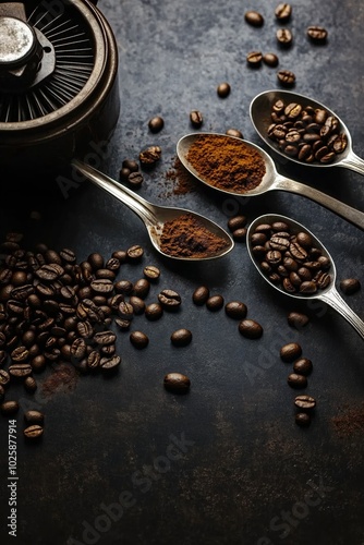 Coffee beans and ground coffee in metal spoons with old hand grinder on a dark background, cozy product photography