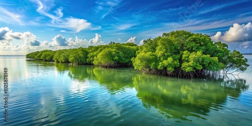 Close-up view of lush mangrove forest embracing serene ocean horizon