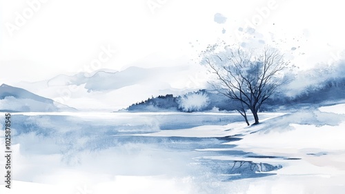 Watercolor Mountains landscape and snow,Christmas winter background,Winter nature landscape,background card,wallpaper,Snowy wintervector illustration,Drawing winter time concept background. photo