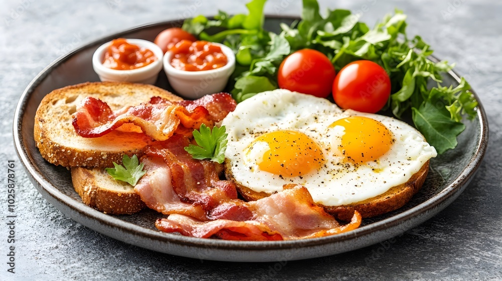 Breakfast Plate with Eggs,Bacon,and Toast in Triadic Color Scheme Flat Design Breakfast Plate with Eggs,Bacon,and Toast in Triadic Color Scheme Flat Design