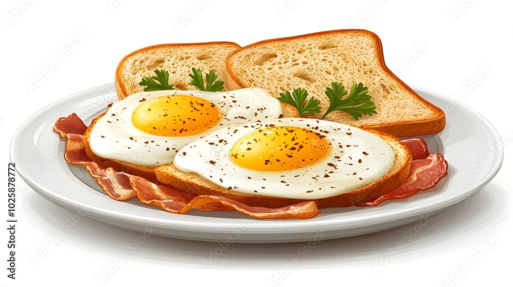 Breakfast Plate with Eggs,Bacon,and Toast in Triadic Color Scheme and Flat Design Breakfast Plate with Eggs,Bacon,and Toast in Triadic Color Scheme and Flat Design