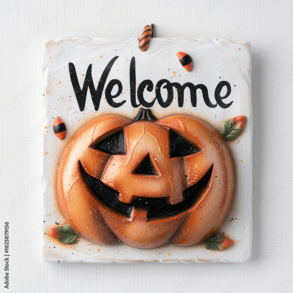 A cheerful Halloween sign featuring a smiling pumpkin and