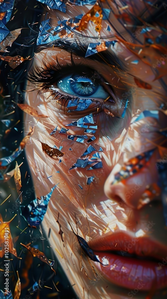 Fototapeta premium Close-up Portrait with Abstract Leaves and Shattered Glass