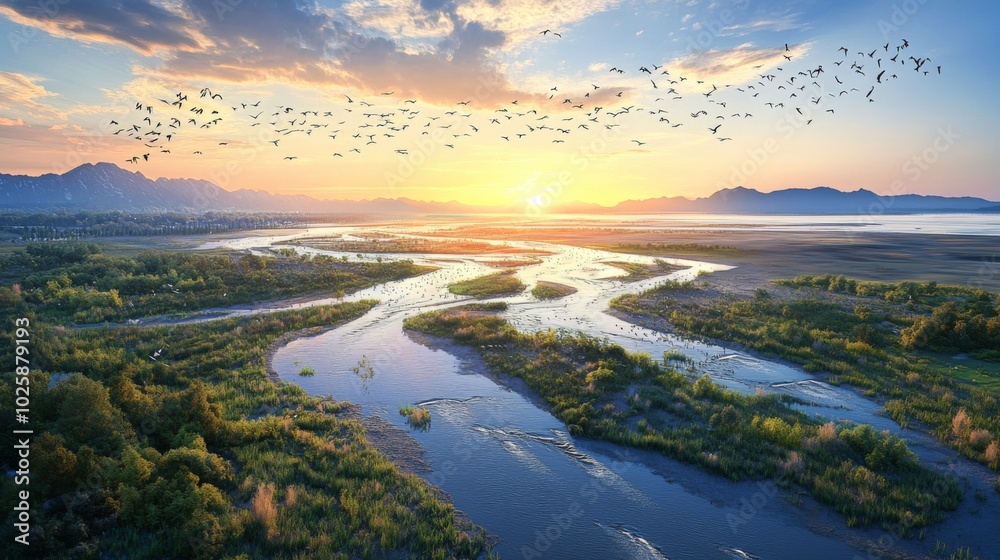 Fototapeta premium A Serene Sunset Over a Winding River and Mountains with Flocks of Birds Flying