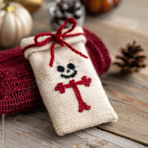 A charming decorative pouch featuring a stitched skull design, set against rustic wooden elements and seasonal decor.