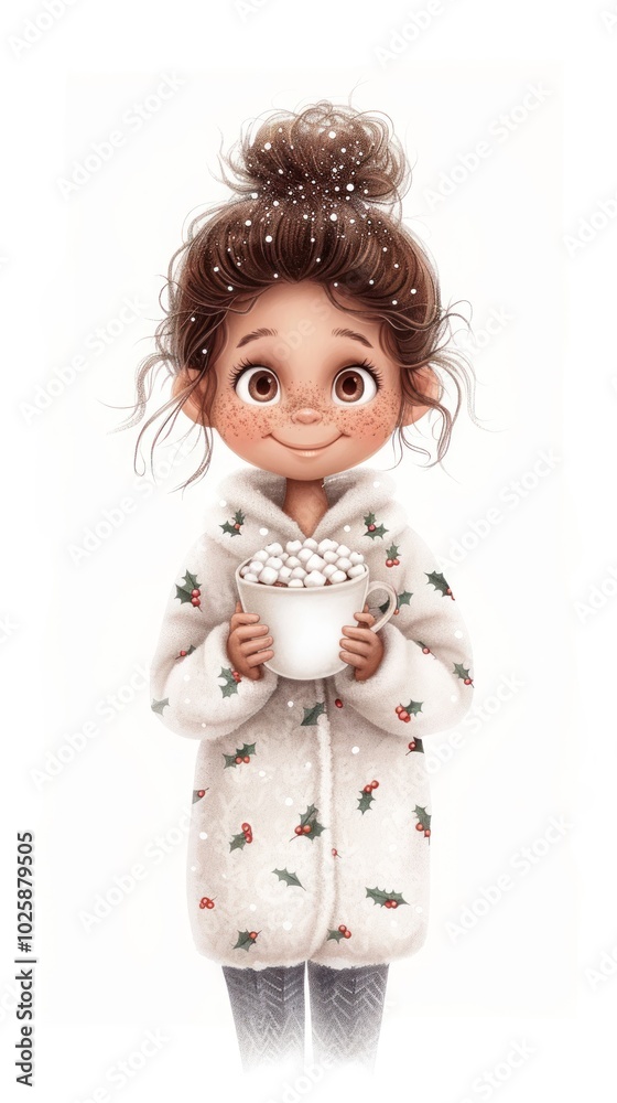 Fototapeta premium A cheerful girl holds a cup of hot cocoa, adorned in a cozy, patterned robe with light snowflakes in her hair, evoking a warm winter atmosphere.