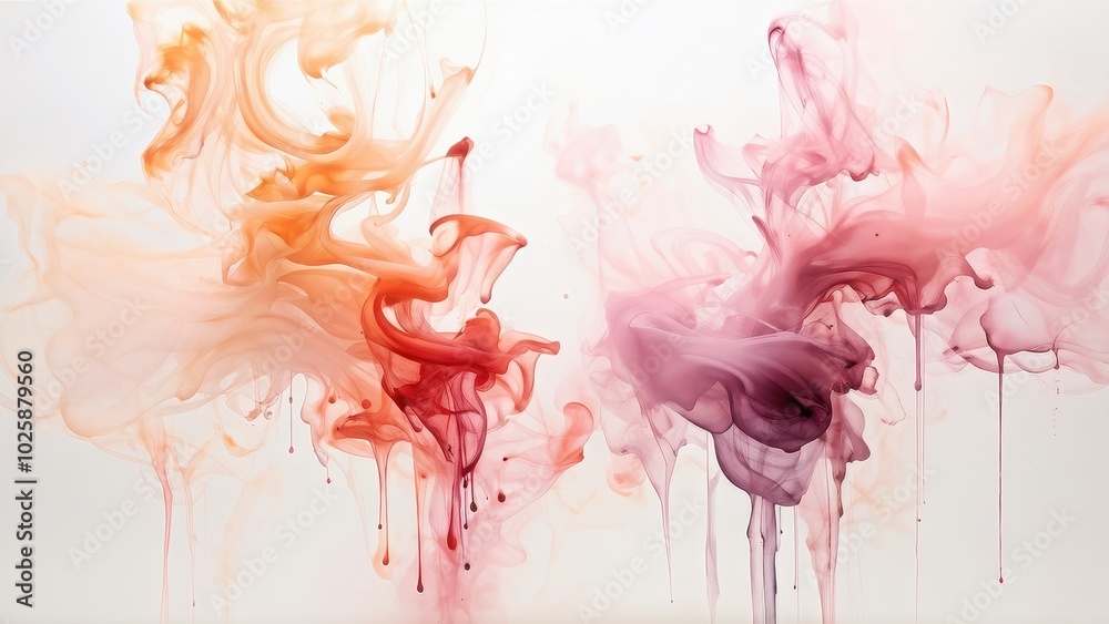 Fototapeta premium Abstract swirling colors in shades of orange and pink against a white background.