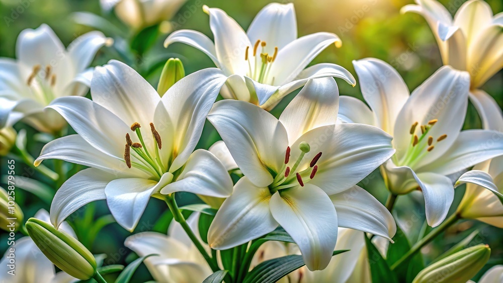 Close-up view of white Madonna lily flowers Close-up view of white Madonna lily flowers