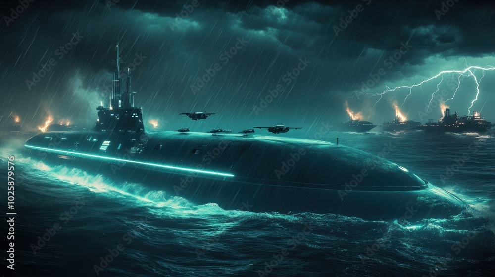A futuristic submarine navigates stormy waters with dramatic lighting and advanced technology. A futuristic submarine navigates stormy waters with dramatic lighting and advanced technology.
