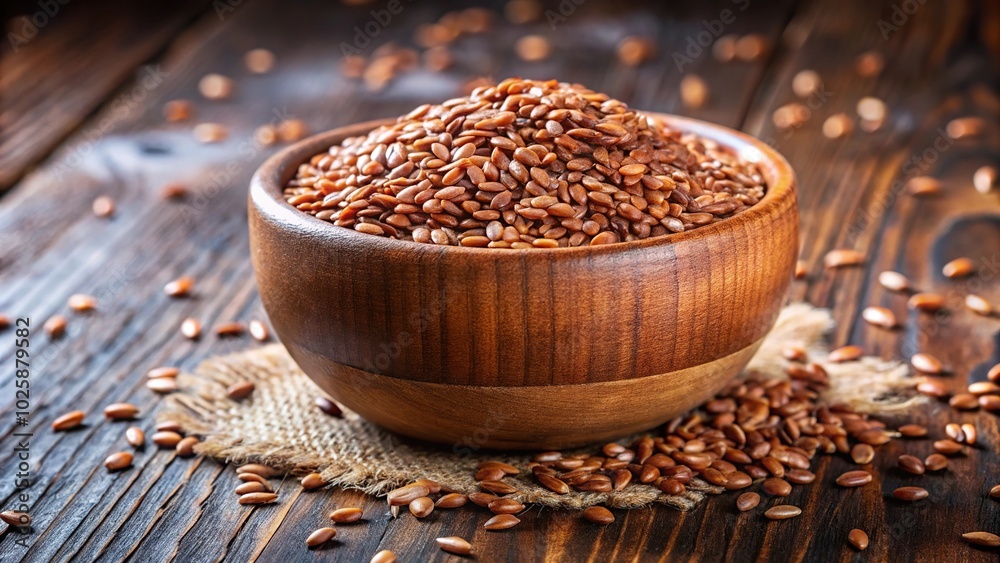 Close-up view of wooden bowl filled with flax seeds Close-up view of wooden bowl filled with flax seeds