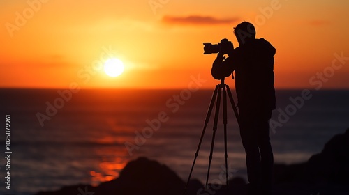 Person photographing a sunset by the sea