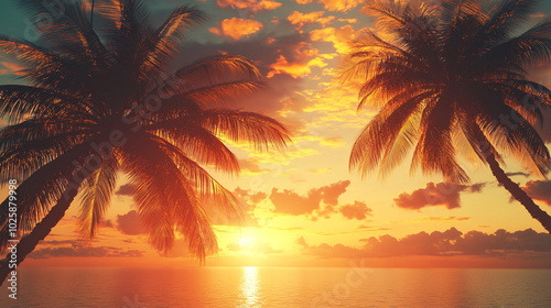 Fototapeta Naklejka Na Ścianę i Meble -  Tropical Beach Sunset with Palm Trees and Vibrant Skies. A stunning tropical beach scene at sunset featuring silhouetted palm trees against a vibrant orange and pink sky