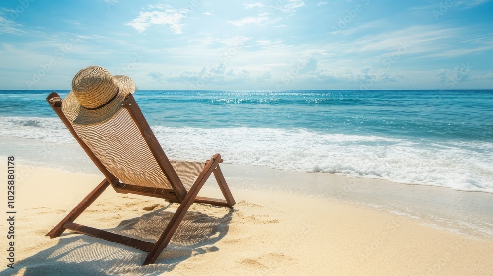 Obraz premium A straw hat rests on a wooden lounge chair on a sandy beach with ocean waves in the background.