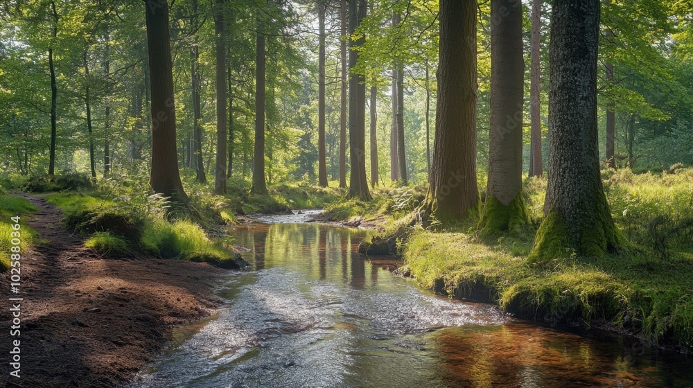 Serene Forest Landscape with Tall Trees in Morning Light Serene Forest Landscape with Tall Trees in Morning Light