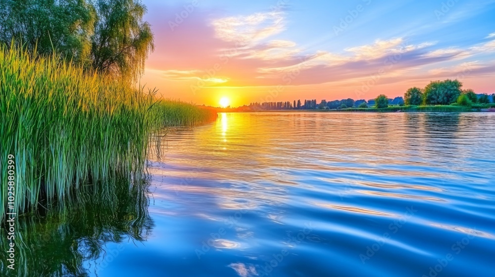 Sunset Over Calm Water with Tall Grass and Trees in the Distance Sunset Over Calm Water with Tall Grass and Trees in the Distance