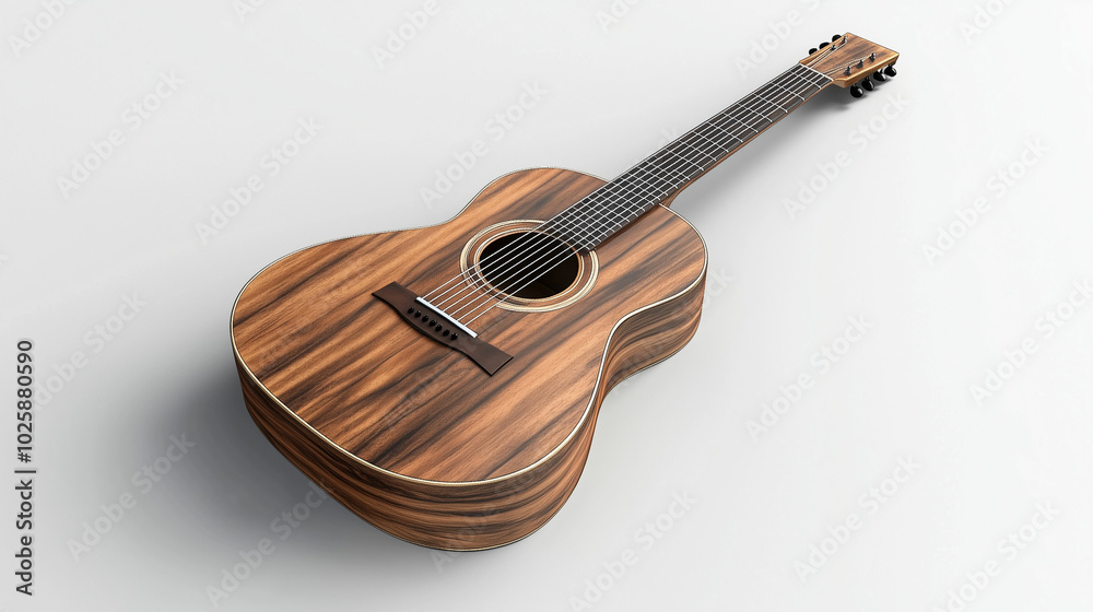 Fototapeta premium A stunning acoustic guitar on a white surface, highlighting its rich wood texture
