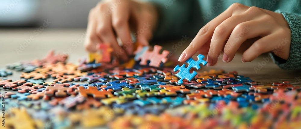 Hands assembling colorful puzzle pieces. Hands assembling colorful puzzle pieces.
