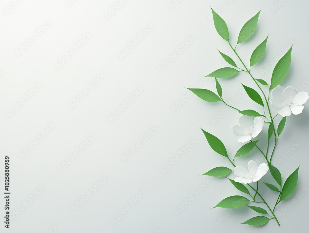 White Flowers and Green Leaves on Light Blue Background White Flowers and Green Leaves on Light Blue Background