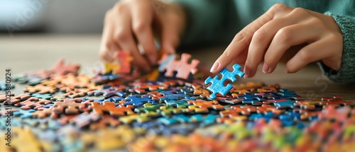 Hands assembling colorful puzzle pieces.