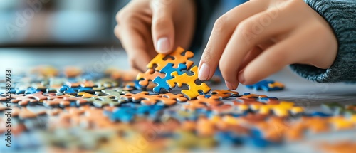 Hands assembling colorful jigsaw puzzle pieces