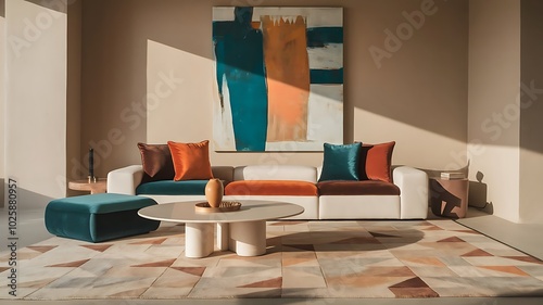 This modern living room features a white sofa with teal, orange, and brown cushions, a bold abstract painting, a round coffee table, and a geometric rug. Soft natural light creates a warm, minimalist