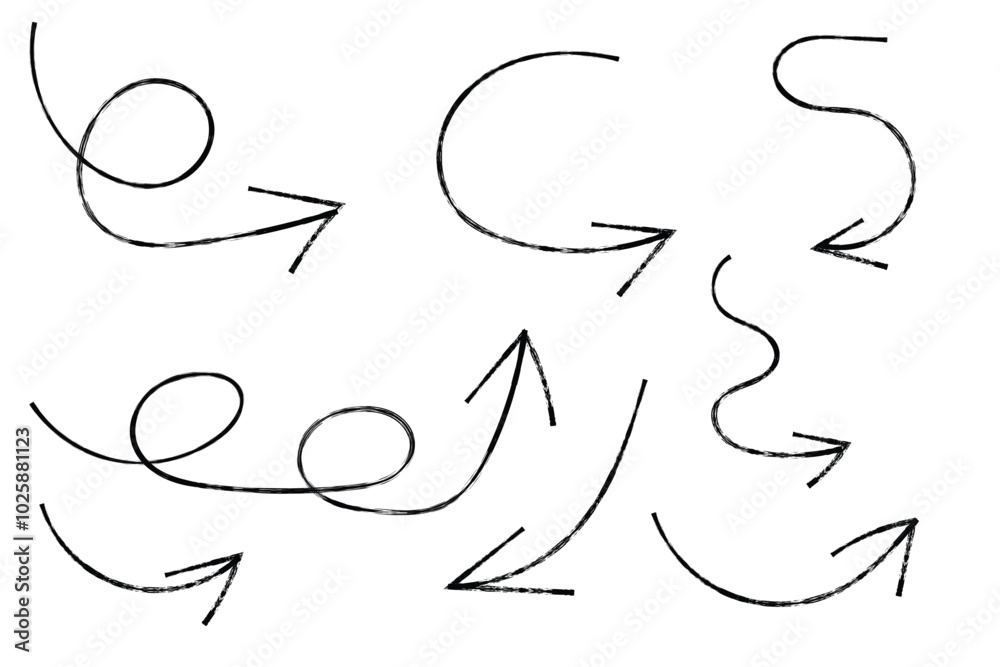 grunge arrow . Set of black hand drawn grunge doodle spiral and curved charcoal, chalk arrows on white background. Scribble symbols of direction pointers, swirl arrow elements for infographic design