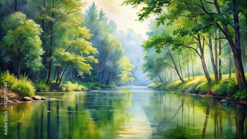 Close-up watercolor painting of a peaceful morning in a forest near a river
