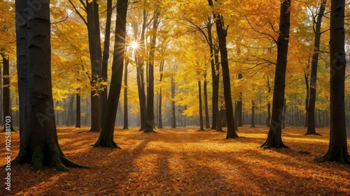 Golden-yellow trees dominate the autumn forest, their vibrant foliage creating a warm, serene atmosphere amidst the crisp fall air
