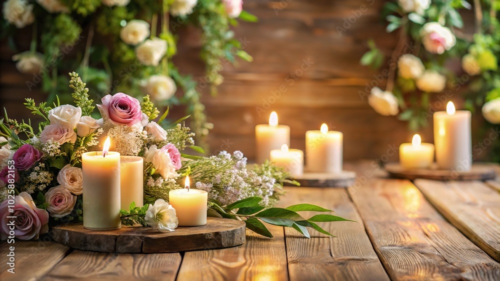 Close-up wooden table decor with flowers, creating a serene atmosphere Close-up wooden table decor with flowers, creating a serene atmosphere