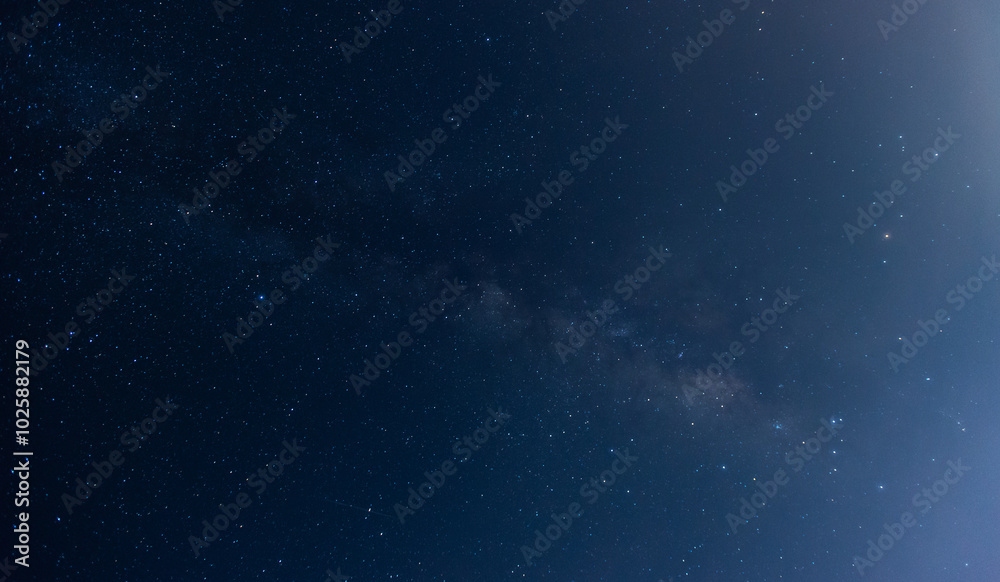 Amazing Panorama blue night sky milky way and star on dark background.Universe filled with stars, nebula and galaxy with noise and grain.Photo by long exposure and select white balance.selection focus Amazing Panorama blue night sky milky way and star on dark background.Universe filled with stars, nebula and galaxy with noise and grain.Photo by long exposure and select white balance.selection focus