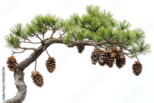 Pine tree branch with cones, white isolate background photo