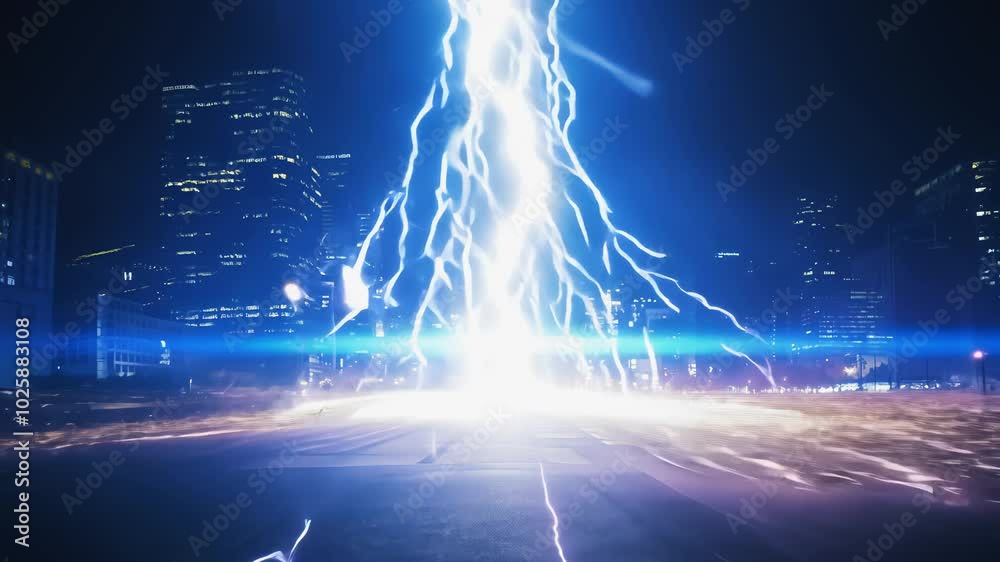 A bright lightning bolt strikes the ground in a futuristic city, sending electric waves through the streets, illuminating buildings with intense blue light.