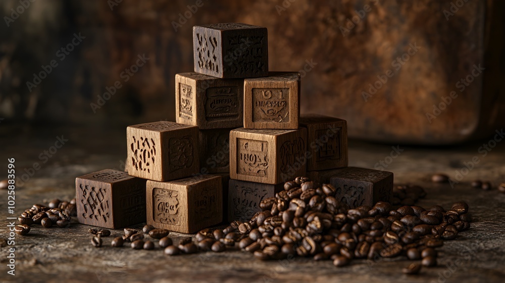 Obraz premium A visually appealing stack of wooden blocks with years intricately etched on their surfaces, positioned beside scattered coffee beans, all set against a textured background that adds depth and 