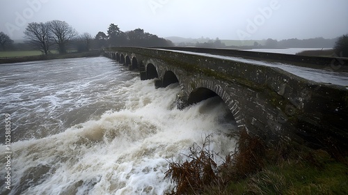 A swollen river rushing vigorously past an old bridge, with water levels dangerously close to overflowing, as heavy rain continues to pour, highlighting the threat of natural flooding 