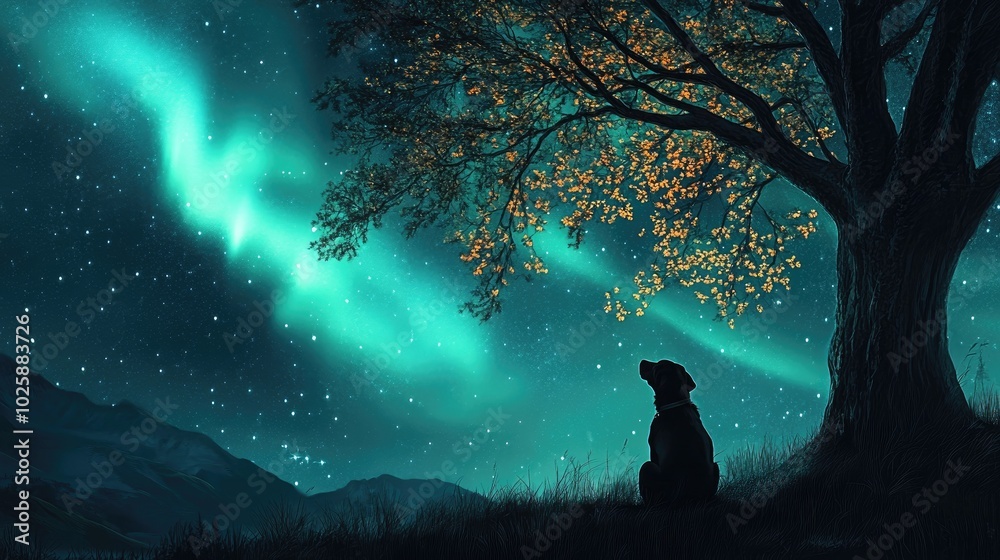 Fototapeta premium A dog quietly sitting under a tree, gazing at the vibrant northern lights dancing in the starry night sky