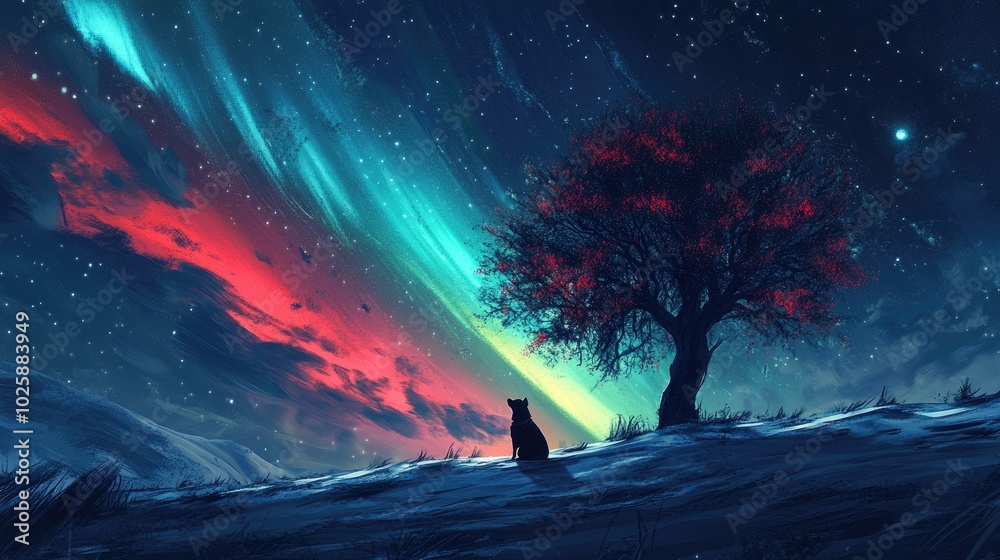A dog sitting under a tree, mesmerized by the breathtaking northern lights painting the night sky with vibrant colors A dog sitting under a tree, mesmerized by the breathtaking northern lights painting the night sky with vibrant colors