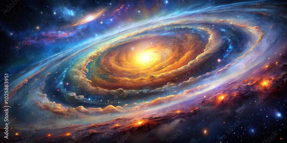 Swirling galaxy with vibrant colors surrounds a bright, glowing center,showcasing vast cosmic beauty.Stars and nebulae fill the surrounding space,creating a sense of endless wonder with copy space.AI Swirling galaxy with vibrant colors surrounds a bright, glowing center,showcasing vast cosmic beauty.Stars and nebulae fill the surrounding space,creating a sense of endless wonder with copy space.AI