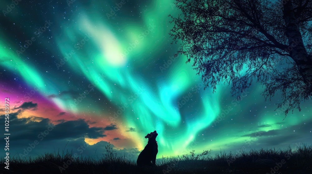 Fototapeta premium A dog under a tree, peacefully watching the northern lights swirl in vibrant colors across the sky