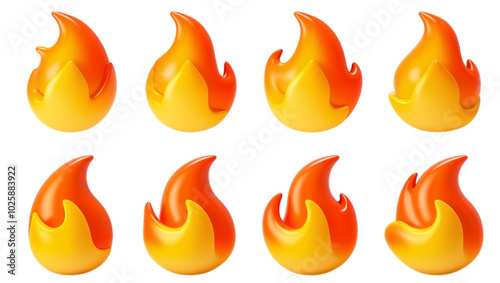 Grid Layout of Eight Identical Flame Emojis Two Rows of Four Against White Background, Featuring Vibrant Yellow to Deep Orange Gradient, Cartoonish Design, and Glossy Three-Dimensional Look, 3D Render photo