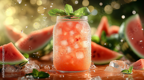 A watermelon drink and watermelons in the background photo