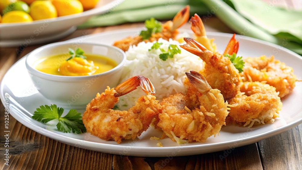 Coconut shrimp with rice and mango sauce on white plate