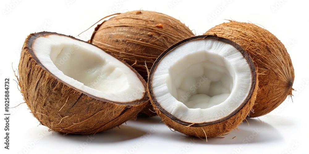 Coconuts isolated on white background with clipping path seen from low angle Coconuts isolated on white background with clipping path seen from low angle