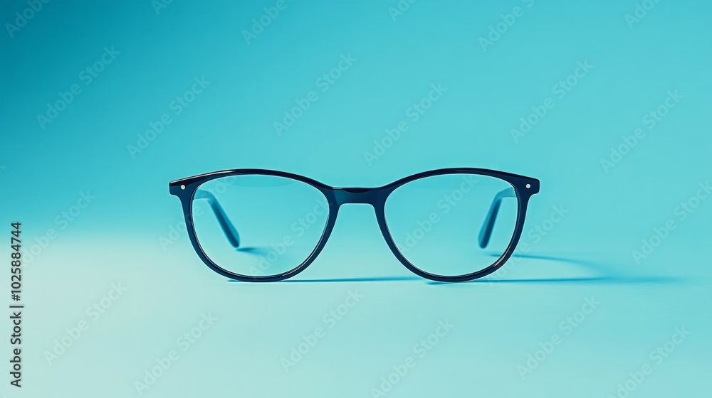 Black framed glasses on a blue background. Black framed glasses on a blue background.