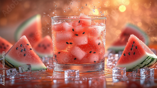 A watermelon drink and watermelons in the background photo