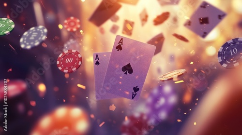 A pile of poker chips and a card with the letters AK on it