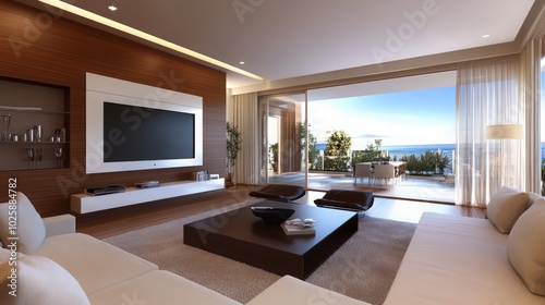 TV cabinet and display with on wood flooring and green chair, minimalist and vintage interior of living room