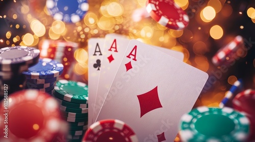 A pile of poker chips and a card with the letters AK on it